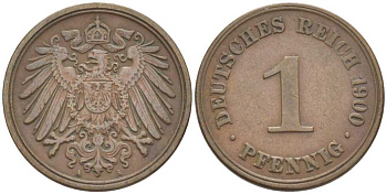 ГЕРМАНИЯ 1 ПФЕННИГ 1900 A KM 10, J. 10, Weege 2 медь 211-241