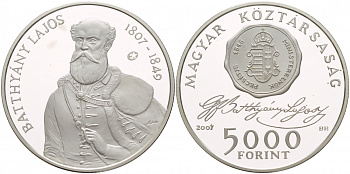 Венгрия 5000 форинтов 2007 200 лет со дня рождения Лайоша Баттьяни KM 799 серебро  PROOF 06-225-32