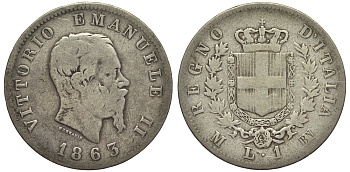 Италия 1 лира 1863 M-BN, Виктор Эммануил II KM 5a.1 серебро 27-1256
