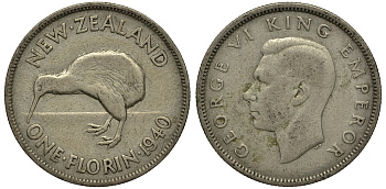 Новая Зеландия 1 флорин 1940 Георг VI (1936-1952), птичка киви KM 10.1 серебро 272-1514