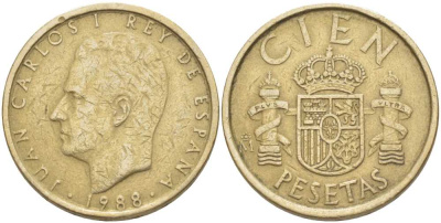 Испания 100 песет 1988 Хуан Карлос I (1975-2014) KM 826 алюминиевая бронза 4380-725