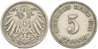 Германия 5 пфеннигов 1911 A KM 11, J. 12, Weege 6 медно-никель 105-149