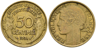 Франция 50 сантимов 1931 KM 894.1, Le Franc 192.15 алюминиевая бронза 4596-738