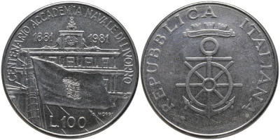ИТАЛИЯ 100 ЛИР 1981 100 ЛЕТ ВОЕННО-МОРСКОЙ АКАДЕМИИ В ЛЕВОРНО (1881-1981) KM 108 нержавеющая сталь 32-135
