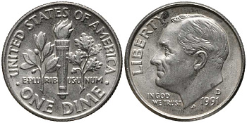 США 10 ЦЕНТОВ = 1 ДАЙМ 1991 D, РУЗВЕЛЬТ KM 195а медь плакированная медно-никелем 112-648