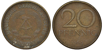 ГДР 20 пфеннигов 1969 А, первый год KM 11 латунь 62-1033