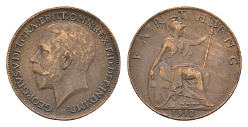 Великобритания 1 фартинг 1912 Георг V (1910-1936) KM 808.1, Spink 4059 бронза 4630-1153