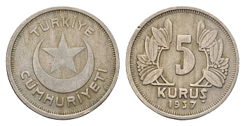 Турция 5 курушей 1937 KM 862 медно-никель 87-423
