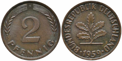 ФРГ 2 ПФЕННИГА 1959 F KM 106, J. 381 бронза 112-143