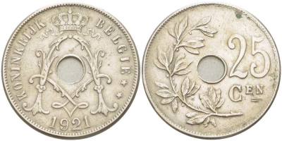 Бельгия 25 сантимов 1921 Belgie, Альберт I (1909-1934) KM 69 медно-никель 210-1053