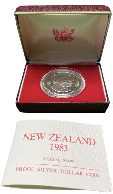 Новая Зеландия 1 доллар 1983 королевский визит, принц Чарльз и леди Диана, Елизавета II (1952-2022), в оригинальной коробке, сертификат KM 52а серебро PROOF 3-4-7-20