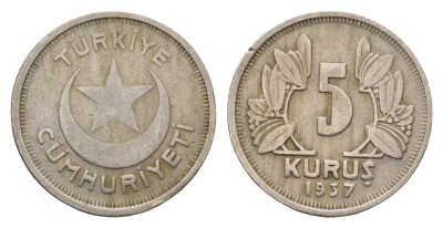 Турция 5 курушей 1937 KM 862 медно-никель 87-423