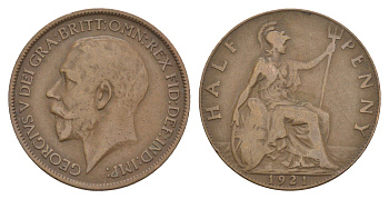 Великобритания 1/2 пенни 1921 Георг V (1910-1936) KM 809, Spink 4056 бронза 4642-427