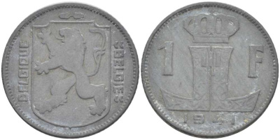 БЕЛЬГИЯ 1 ФРАНК 1941 BELGIQUE-BELGIE, ЛЕОПОЛЬД II (1934-1950), ГЕРМАНСКАЯ ОККУПАЦИЯ, ВТОРАЯ МИРОВАЯ ВОЙНА KM 127 цинк 202-931