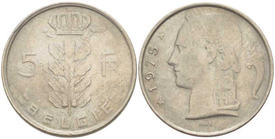 БЕЛЬГИЯ 5 ФРАНКОВ 1975 BELGIQUE, БОДУЭН I (1951-1993) KM 134.1 медно-никель 213-617