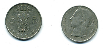БЕЛЬГИЯ 5 ФРАНКОВ 1949 BELGIE KM 135.1 медно-никель 57-816