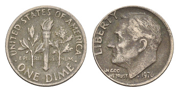 США 1 дайм (10 центов) 1976 президент Рузвельт KM 195a медь плакированная медно-никелем 4649-1263