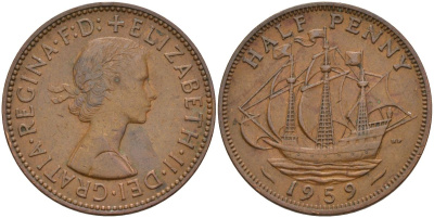 Великобритания 1/2 пенни 1959 Елизавета II (1952-2022) KM 896, Spink 4158 бронза 4153-841