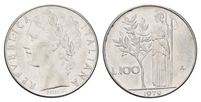 Италия 100 лир 1979 R, богиня Афина KM 96.1 нержавеющая сталь 4148-743