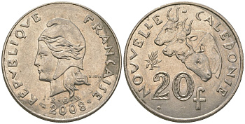 Французская Новая Каледония 20 франков 2008 три быка, (IEOM) KM 12a, Schoen 14a, Lec 115j медно-никель 82-926
