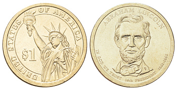 США 1 доллар 2010 Президент США - Авраам Линкольн (1861-1865) KM 478 медь с марганцево-латунным покрытием UNC 4666-957