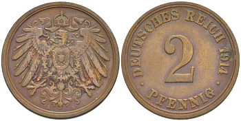 ГЕРМАНИЯ 2 ПФЕННИГА 1914 A KM 16, J. 11, Weege 4 медь 206-644