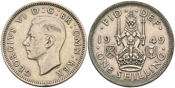 Великобритания 1 шиллинг 1949 Георг VI (1936-1952), Шотландский герб KM 877, Spink 4109 медно-никель 4126-413