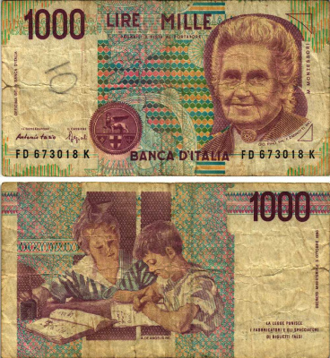 Италия 1000 лир 1990 Мария Монтессори Pick 114b 8611-13-3