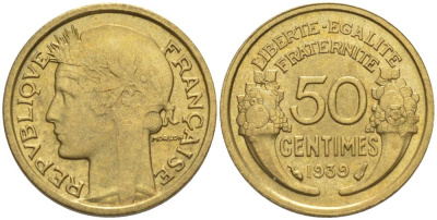 ФРАНЦИЯ 50 САНТИМОВ 1939 ТИП MORLON KM 894.1, LE FRANC 192.15 алюминиевая бронза 44-826