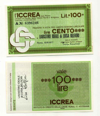 Италия 100 лир 1977 Iccrea spa Roma, Lavastiro ideale Di Luisa belfiori, 15 июня 1977 Рим бумага UNC (пресс) 8588-22-2-1