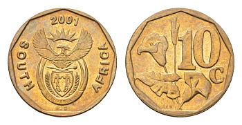 ЮАР 10 центов 2001 герб, цветок алоэ KM 224 сталь плакированная бронзой UNC 4694-813