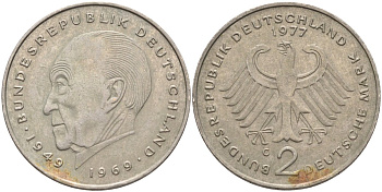ФРГ 2 марки 1977 G, Конрад Аденауэр, 20 лет Федеративной Республике (1949-1969) KM 124, J. 406 медно-никель плакированный никелем 4139-214