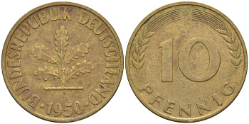 ФРГ 10 пфеннигов 1950 D KM 108, J.383 сталь плакированная латунью 219-1046
