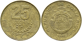 Коста-Рика 25 колонов 2005 B.C.C.R., год тип KM 229а.1 латунь 3459-133