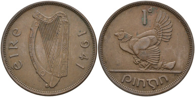 Ирландия 1 пенни 1941 курица с цыплятами KM 11 бронза 4137-712