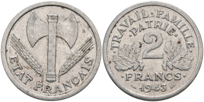 Франция 2 франка 1943 правительство Виши KM 904.1 алюминий 4589-556