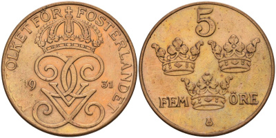 Швеция 5 эре 1931 Густав V (1907-1950) KM 779.2 бронза 4148-233