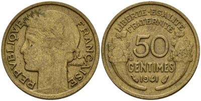 Франция 50 сантимов 1941 тип Морлон KM 894.1, Le Franc 192.15 алюминиевая бронза 4158-712