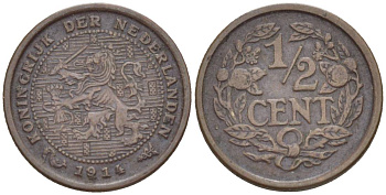 НИДЕРЛАНДЫ 1/2 ЦЕНТА 1914 ВИЛЬГЕЛЬМИНА I (1891-1948) KM 138 бронза 4547-1243