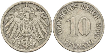 ГЕРМАНИЯ 10 ПФЕННИГОВ 1902 J KM 12, J. 13 медно-никель 4401-1234