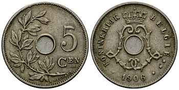 Бельгия 5 сантимов 1906 Belgie, Леопольд II (1865-1909) KM 55 медно-никель 4173-155