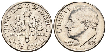 США 10 центов = дайм 1995 P, Рузвельт КМ 195а медь плакированная медно-никелем 4567-624