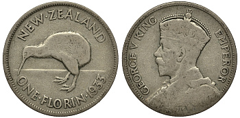 Новая Зеландия 1 флорин 1933 Георг V (1910-1936), птичка киви KM 4 серебро 272-1223