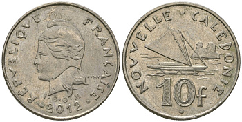 Французская Новая Каледония 10 франков 2012 рыбачья парусная лодка, (IEOM) KM 11a, Schoen 13a, Lec 99k медно-никель 65-856