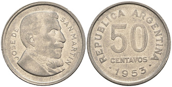 Аргентина 50 сентаво 1953 генерал Хосе де Сан Мартин KM 49, CJ 224, Schon 52 сталь плакированная никелем    60-956