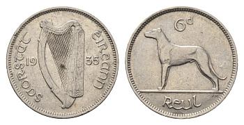 Ирландия 6 пенсов 1935 собака, ирландский волкодав KM 5 никель 73-116
