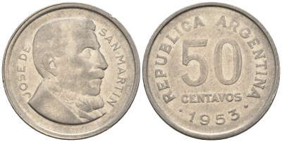 Аргентина 50 сентаво 1953 генерал Хосе де Сан Мартин KM 49, CJ 224, Schon 52 сталь плакированная никелем    60-956