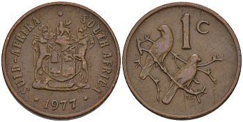 ЮАР 1 ЦЕНТ 1977 ГЕРБ, КАПСКИЕ ВОРОБЬИ KM 82 бронза 66-256