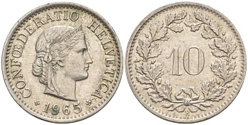 Швейцария 10 раппенов 1965 В KM 27 медно-никель 55-345