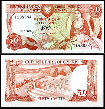 Кипр 50 центов 1989 Pick 52 бумага UNC (пресс) 2196-18-1-2